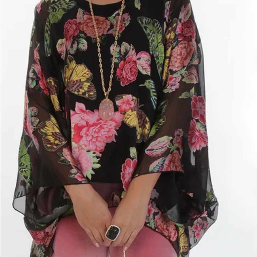 New Natalie Baroni Floral & Butterflies Black Kimono Top Size Medium/Large NWOT - Picture 6 of 9